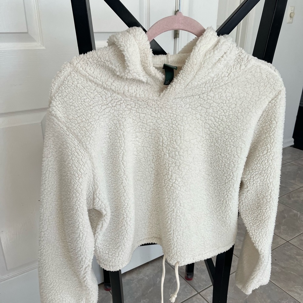 Cropped white fleece hoodie